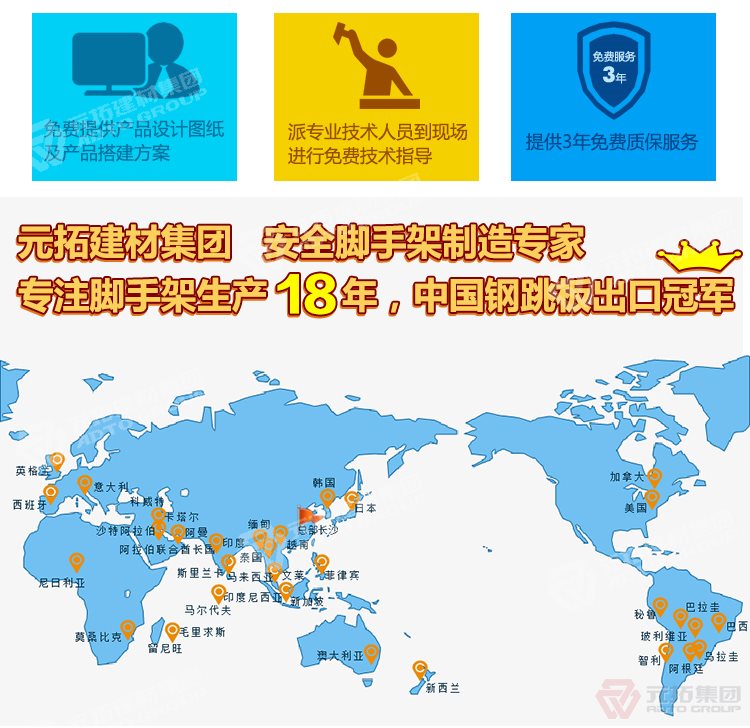 元拓建材集團，安全腳手架制造專家！專注腳手架生產(chǎn)18年，中國鋼跳板出口冠軍！